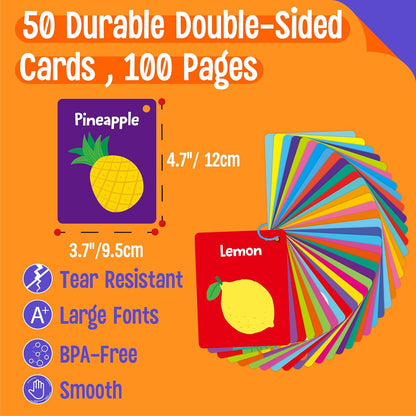 50 PCS Kid First Cognitive Flashcards,Double Sided Printed 7 in 1 Colorful Cards Alphabet,Numbers, Foods,Animals,Shapes,Colors with 3 Reclosable Rings,Learning Tool for Pre-K Kindergarten Toddlers