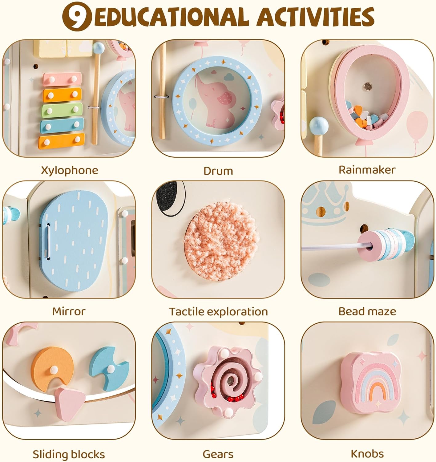 ROBUD Elephant Montessori Busy Board, 12-in-1 Activity Wall Busy Board, Montessori Sensory Wall Panel for Boys & Girls, Toddler Learning Activity Center for Playroom, Nursery, Pink