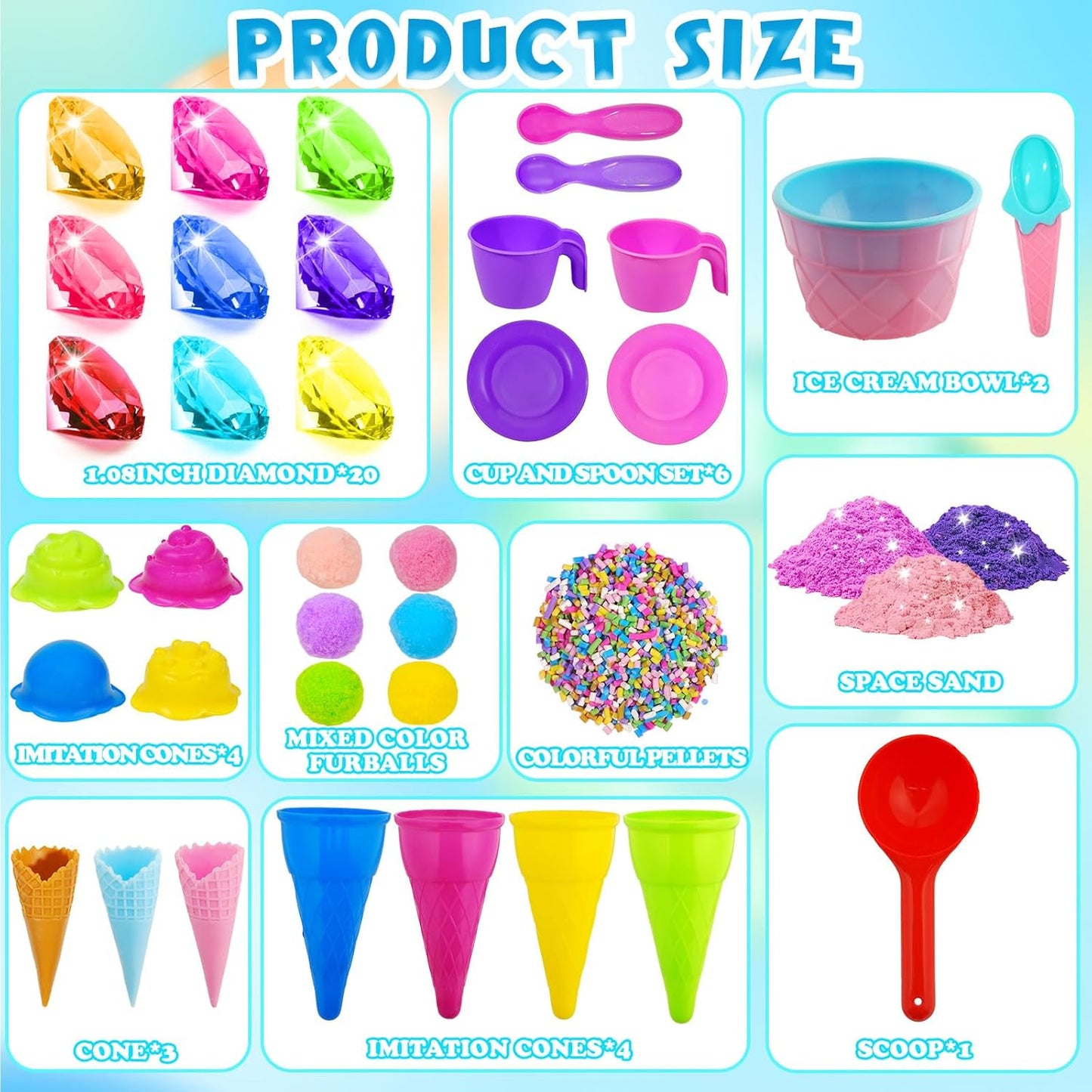 Bbiamsleep Ice Cream Sensory Bin, 61 Pcs Ice Cream Sensory Bin Fillers with 11 Mould 9 Tools for Home Decor