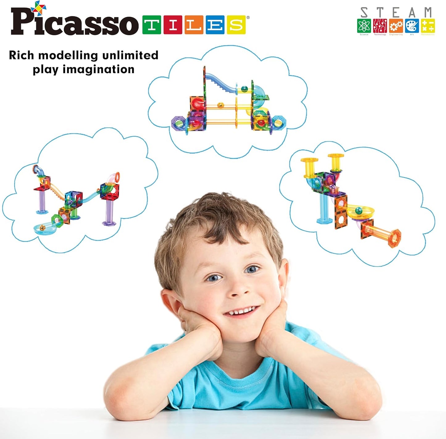 PicassoTiles Marble Run 60 Piece Race Track Magnetic Tiles Magnet Building Block Educational Construction Toy Set Playset STEM Learning Kit Child Brain Development HandEye Coordination Training PTG60