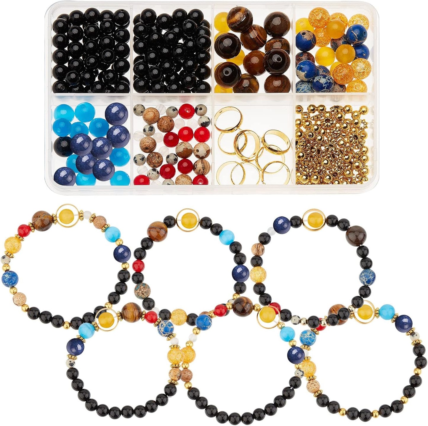SUNNYCLUE 1 Box 300+Pcs DIY 10 Sets Solar System Bracelets Kit Universe Galaxy The Nine Guardian Planets Bracelet Necklace Tiger Eye Bead Natural Gemstone Beads for Jewelry Making Kits Craft