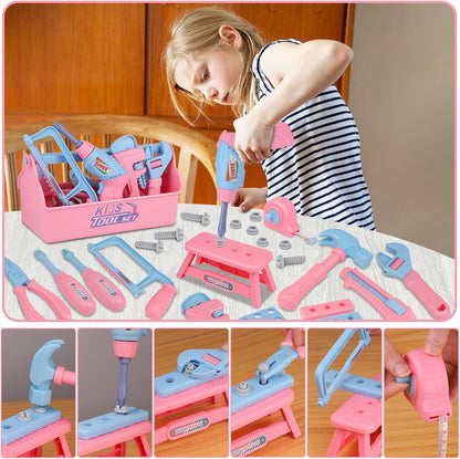 Kids Tool Set, 48PCS Toddler Tool Set with Electronic Toy Drill & Kids Tape Measure,Pretend Play Construction Toys Costume with Kids Tool Belt & Gloves,Toy Tools Box for Girl Boy Ages 3-8