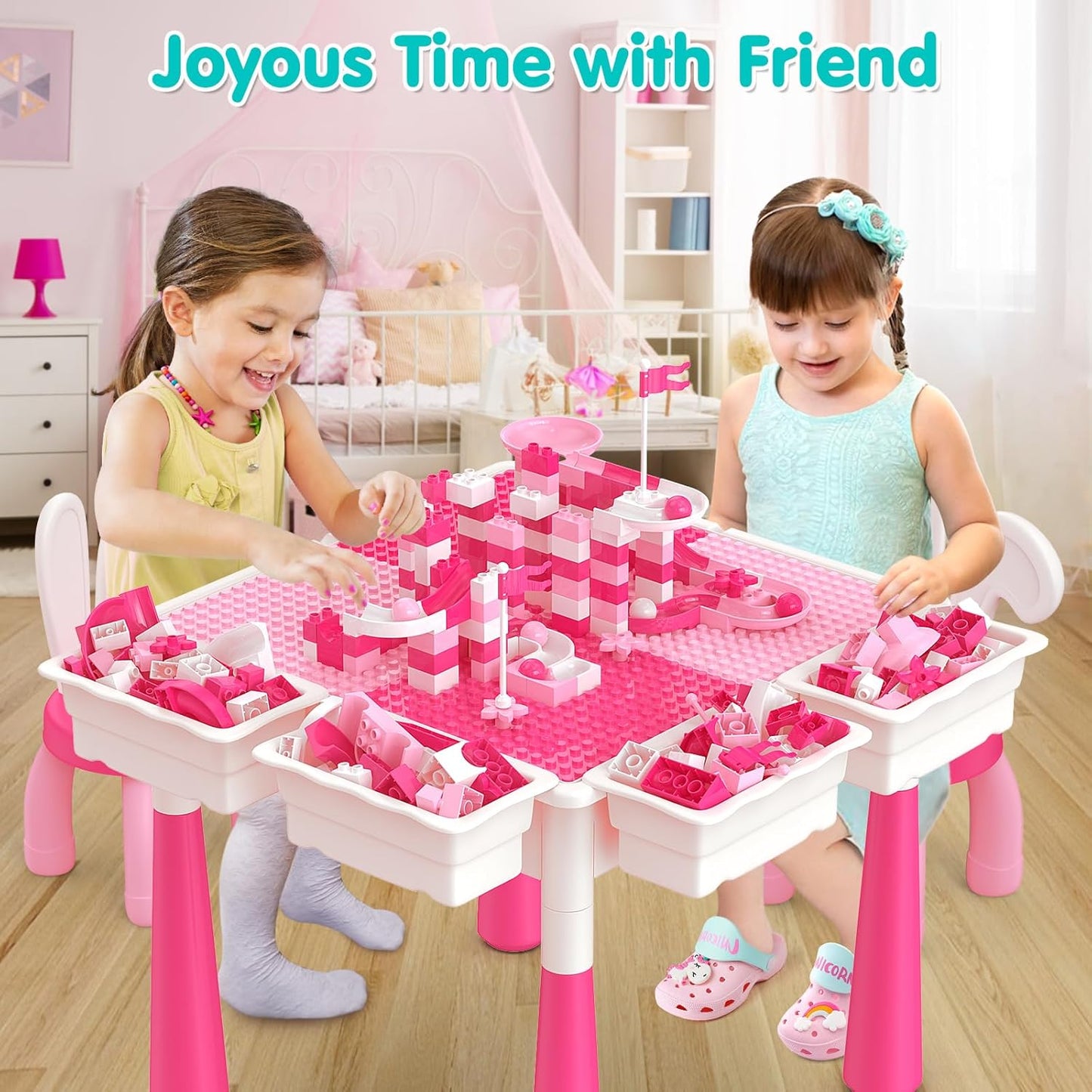 arscniek Toddlers Activity Table 7 in 1 Kids Activity Tables and 4 Chairs with 152Pcs Large Marble Run Building Blocks, Sand/Water Tables, Kids Learning Play Table Toys for Girls Boys Toddler Age 3-7