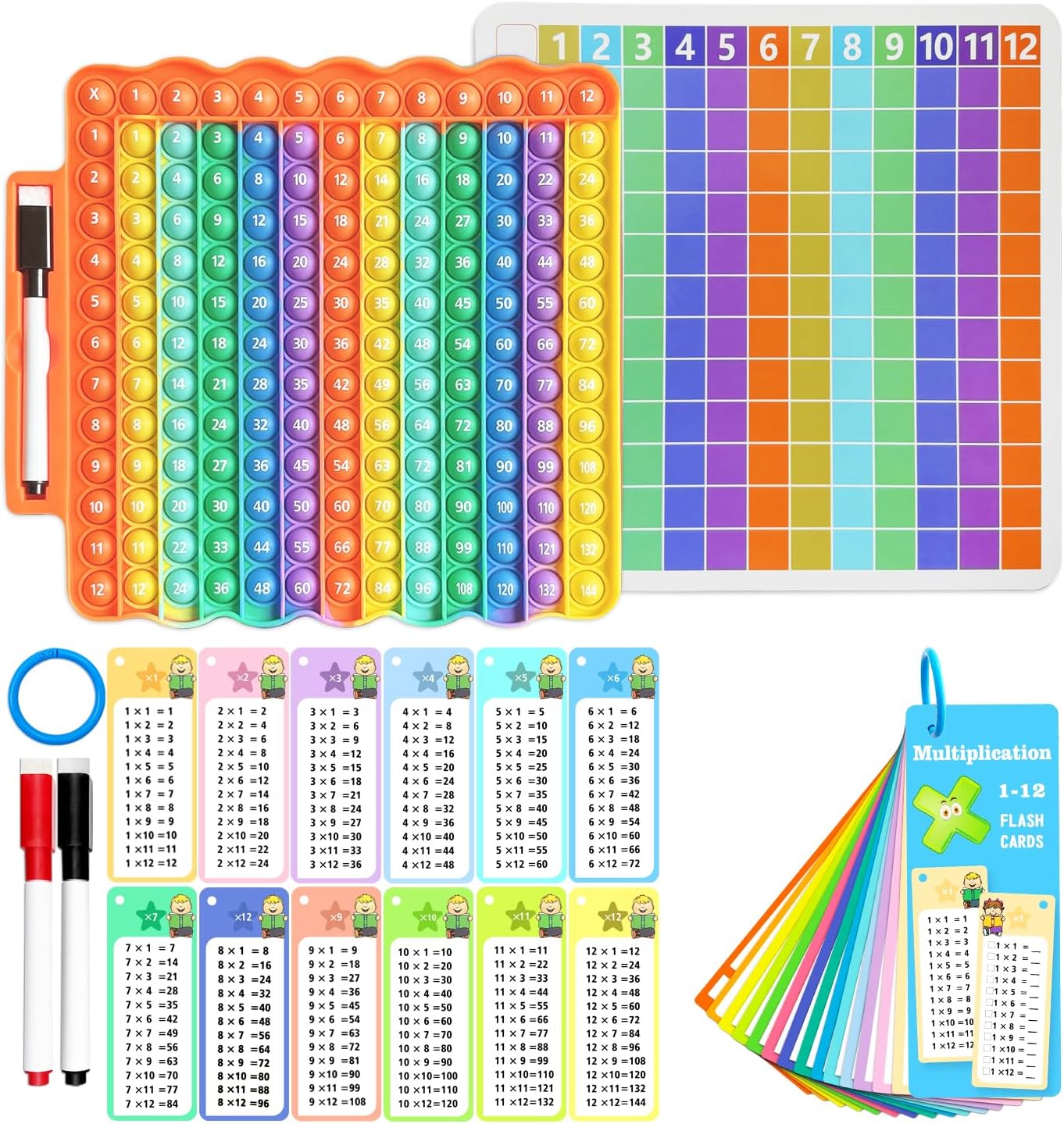 Multiplication Flash Cards + Pop Fidget Multiplication Chart, Times Table Educational Flashcard 3rd Grade, 4th, 5th, 6th Grade
