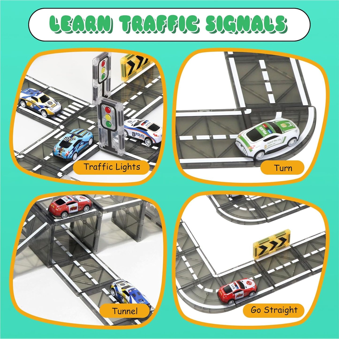 150PCS Magnetic Tiles Road Set with Marble Run, Preschool Magnet Tiles Included Magnetic Cars. STEM Magnetic Tiles for Kids, Preschool Educational Building Toys for Boys & Girls