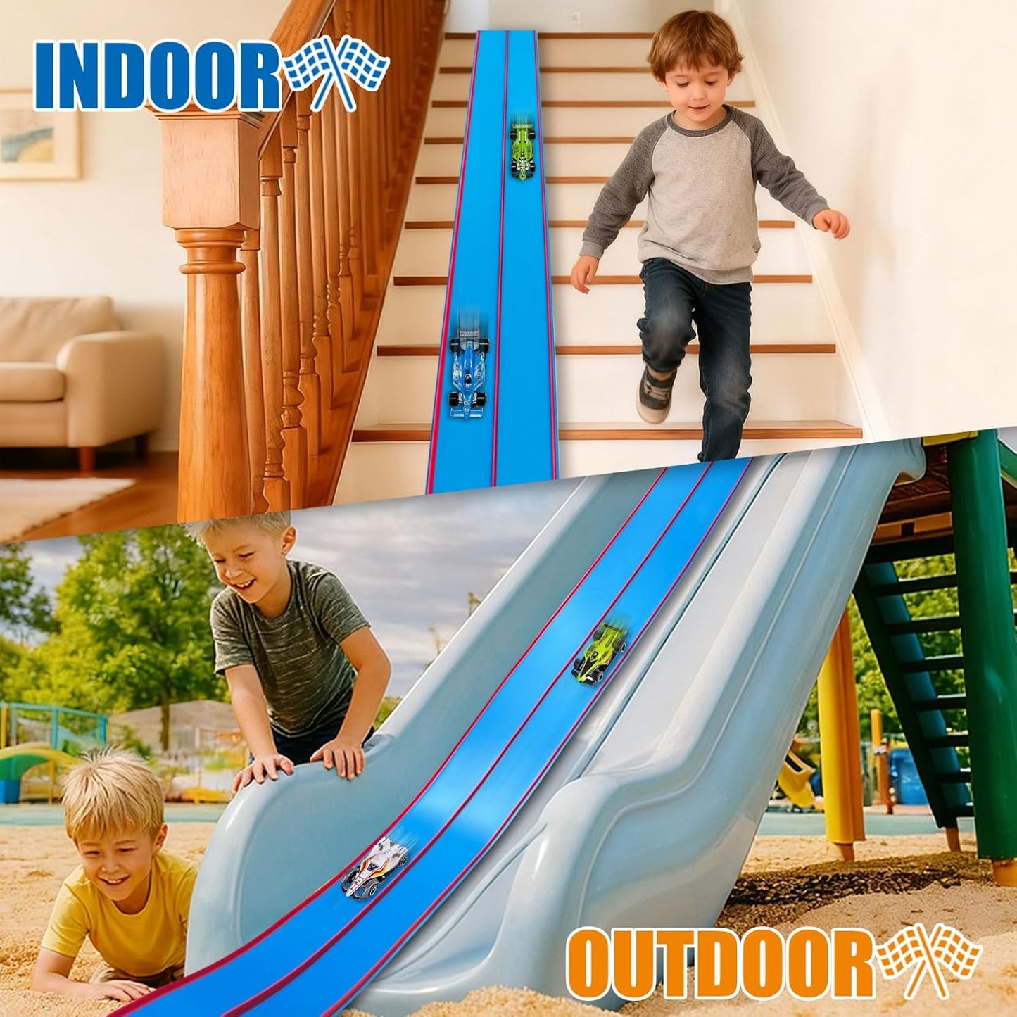 Flexible Race Track Toys for Kids, 15 Ft Double Lane Racetrack with 4 Cars & Suction Cups, Compatible with Hot Wheels & 1/64 Diecast Cars, Portable Roll Up Car Ramp Track Set for Ages 3+(Yellow&Blue)