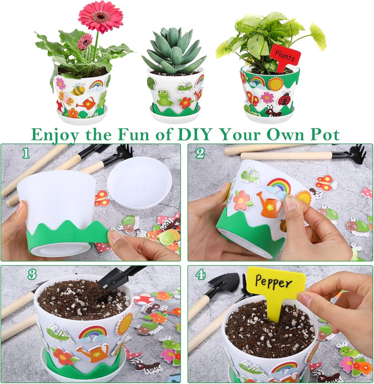 Elcoho 24 Packs Garden Plastic Pot Craft Kit Plant Spring Craft Kits for Kids Flower Pots with 150 Foam Stickers 36 Labels 24 Certificate of Awards 3 Tools Planting Growing Kit for Kids
