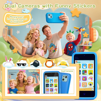 Kids Toy Phones with Dual Camera, Learning Toys Phones Gifts for Kid 3-12 with 200+ Educational Puzzle Games, 4" Touchscreen Rechargeable Blue Child Smartphones with Parental Control