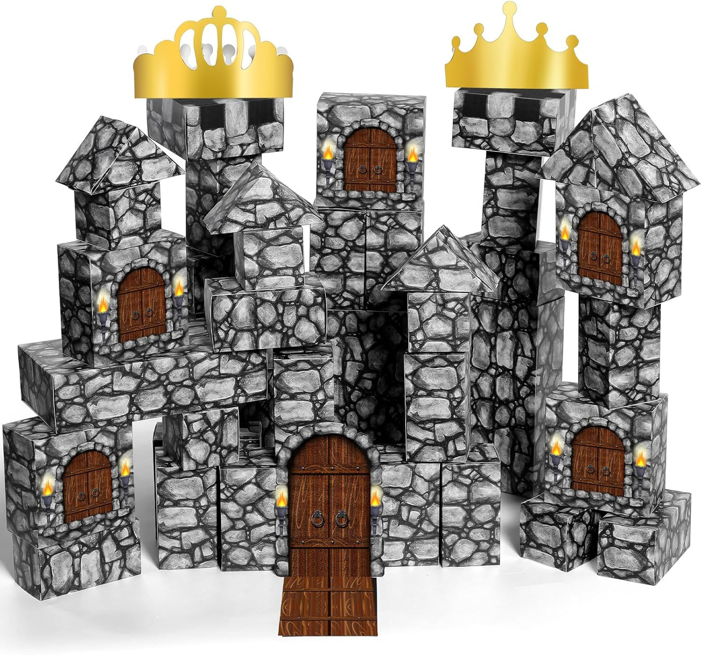 MotiMind 47 Pcs Jumbo Cardboard Castle Building Blocks New Year Gift DIY Building Blocks Large Stone Box Collapsible Reusable Jumbo Crown for Castle House Birthday Indoor Outdoor Party (Black)