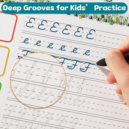 gisgfim 4 Pack Grooved Cursive Handwriting Workbook Kit Magic Reusable Grooved Handwriting Practice with Disappearing Ink Pens Cursive Workbook for Kids Number Poems Jokes & Riddles Inspiring Quotes