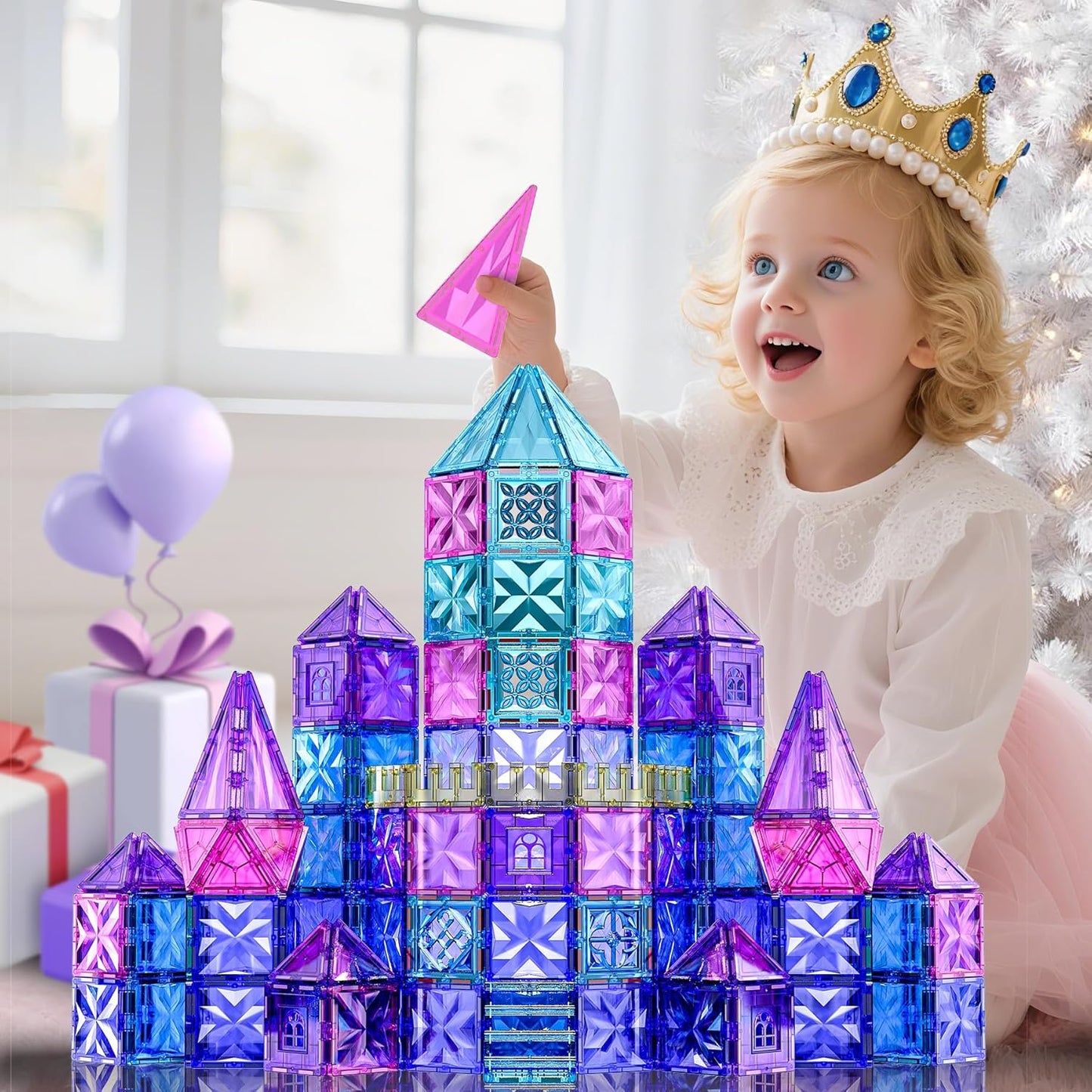 SKTMYY 114pcs Magnetic Tiles for Kids,3D Diamond Princess Ice Castle, Magnetic Tiles Age 3-5 4-8,STEM Educational Toys for Girls Kids Birthday Gift