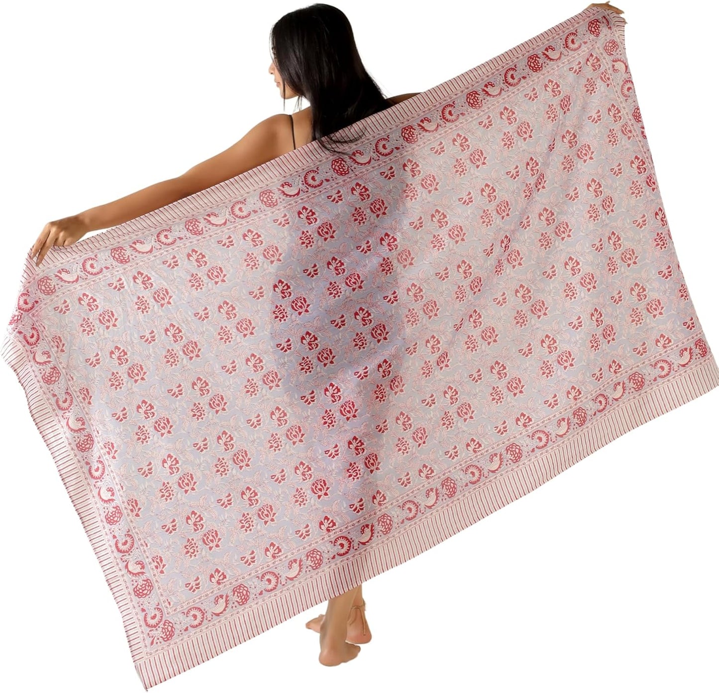 100% Cotton Sarong Cover Up for Women Indian Block Print Beach Wrap Skirt Long Boho Swimsuit Bikini Pareo (73” x 43”)
