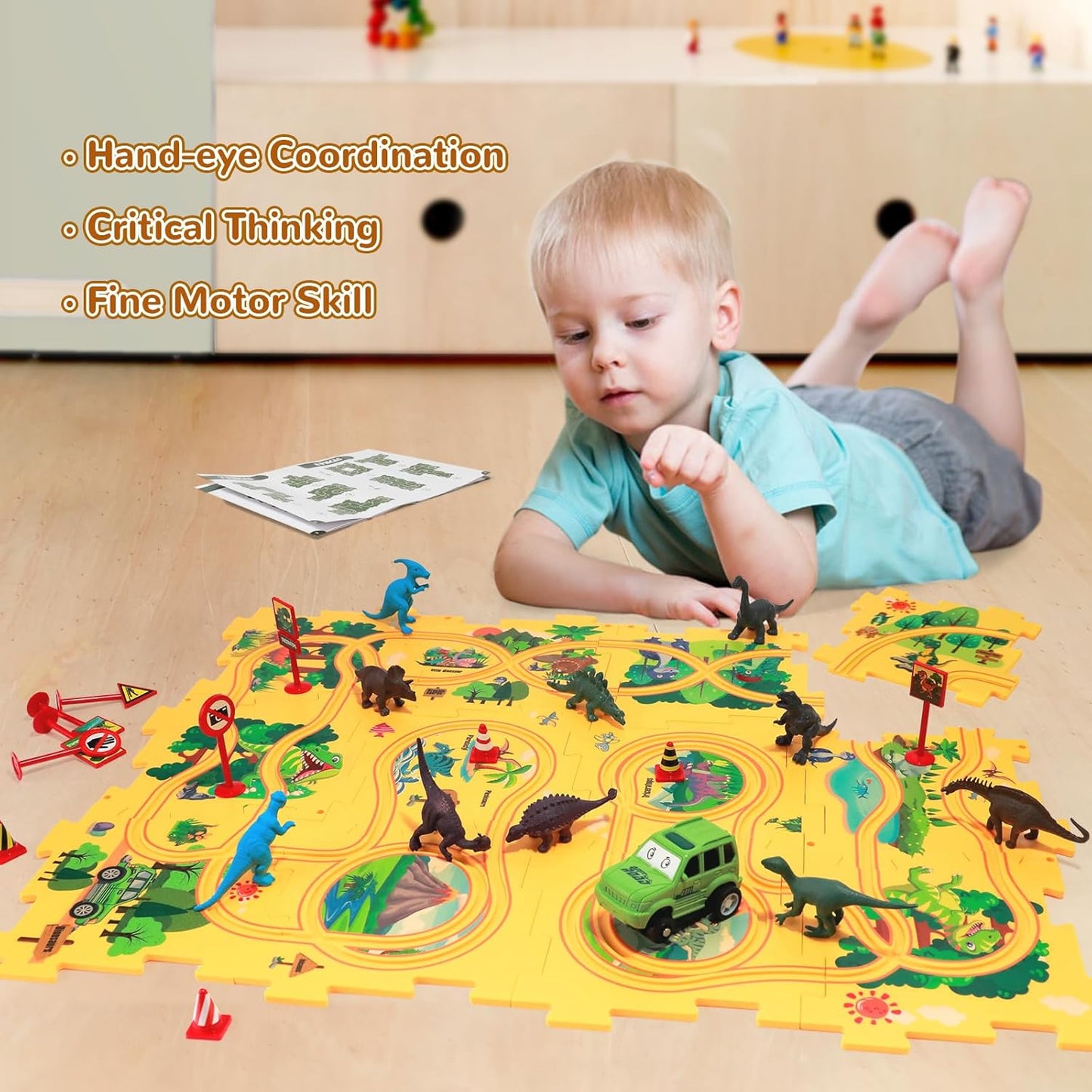 Plastic Floor Puzzles for Kids Ages 3-5, Puzzle Track Car Play Set, Educational Montessori Toys for 3 4 5 6 Year Old Boys, 3 4 5 6 Year Old Boy Birthday Gift, Boy Toys Age 3