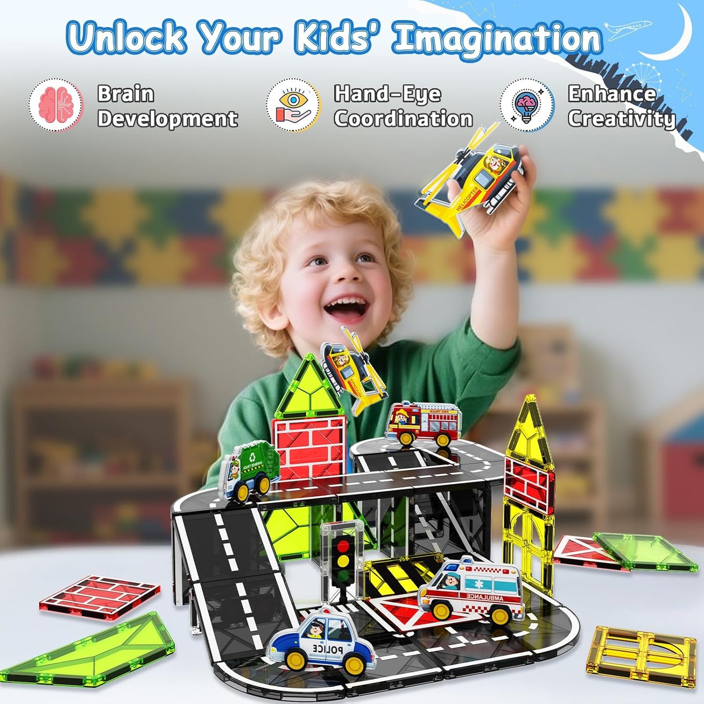 Magnetic Tiles Road Set | Magnet Tiles Race Track, Magnetic Car Racing Tile for Kids Ages 4-8 5-7, Toddler Magnet Building Toys STEM Learning Sensory Birthday Gifts for 3+ Years Old Boys Girls