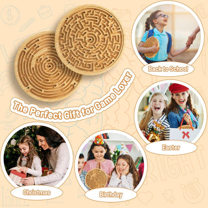 Round Wooden Labyrinth Board Game - Marble Maze for Education and Fun, Toddler Activity Board, Brain Teaser Puzzle Logic Game with Two Metal Balls for Kids, Adults, Teens, Boys, and Girls