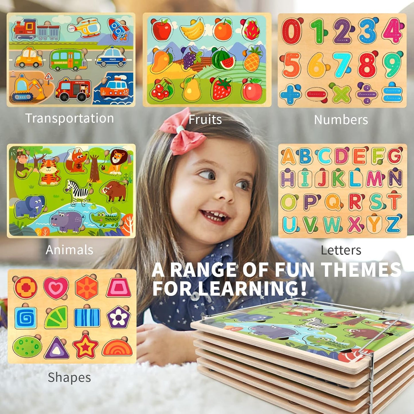WOOD CITY Toddler Puzzles and Rack Set, Wooden Peg Puzzles Bundle with Storage Holder Rack, Educational Knob Puzzle for Kids Age 2 3 4 Years - Alphabet Number Shape Dinosaur Animal Vehicle