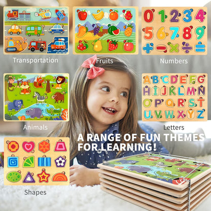 WOOD CITY Toddler Puzzles and Rack Set, Wooden Peg Puzzles Bundle with Storage Holder Rack, Educational Knob Puzzle for Kids Age 2 3 4 Years - Alphabet Number Shape Dinosaur Animal Vehicle