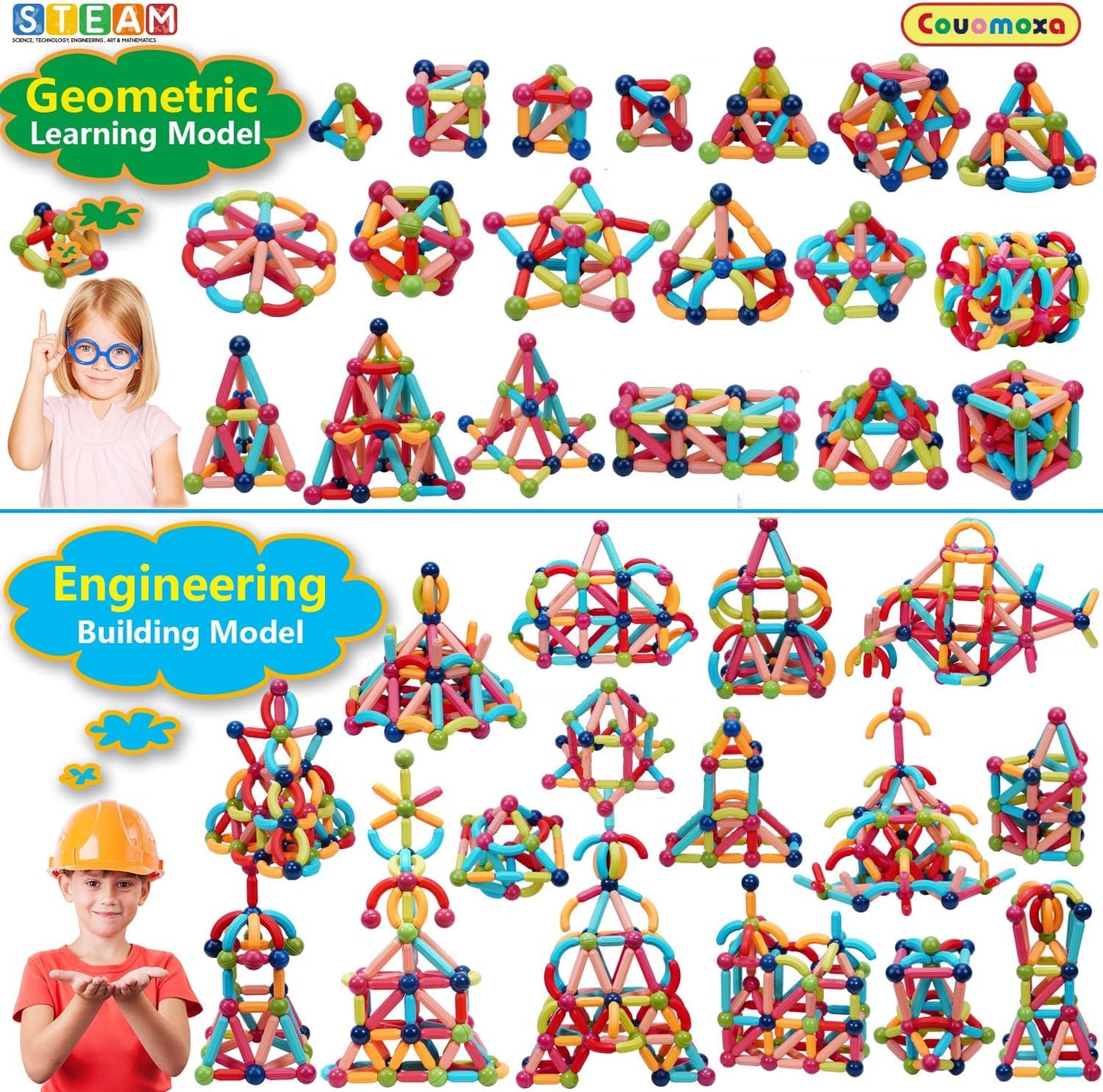 COUOMOXA Magnetic Toy Montessori for Kids: 3 4 5 6 7 8 9 10 11 12 Years Old Kids Building Sticks - Magnetic Creative Toy Age 3-12 Playroom Family - Christmas Birthday Gift for Boys Girls