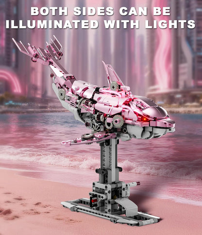 Moving Mechanical Dolphin Building Set - Hand Crank Model Kit with Swimming Tail, Movable Jaw & Glowing Lights | STEM Educational Toy & Unique Desk Decor for Ages 8+, Adults, Blue