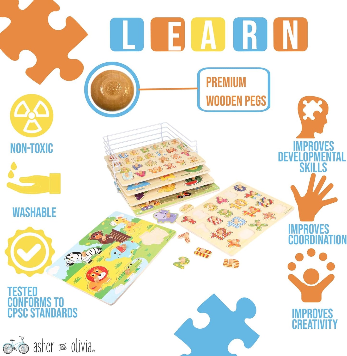 Premium Puzzles for Toddlers and Rack Set - (7 Pack) Includes 1 Learning Clock - 6 Alphabet, Numbers, Shapes, Animals, Cars, Fruits Puzzles