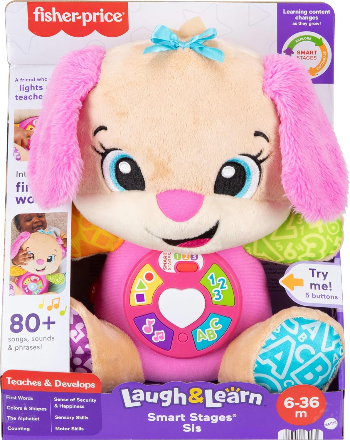 Fisher-Price Baby Learning Toy Laugh & Learn Smart Stages Sis Pink Musical Plush with Smart Stages for Infants Ages 6+ Months, Multilanguage Version