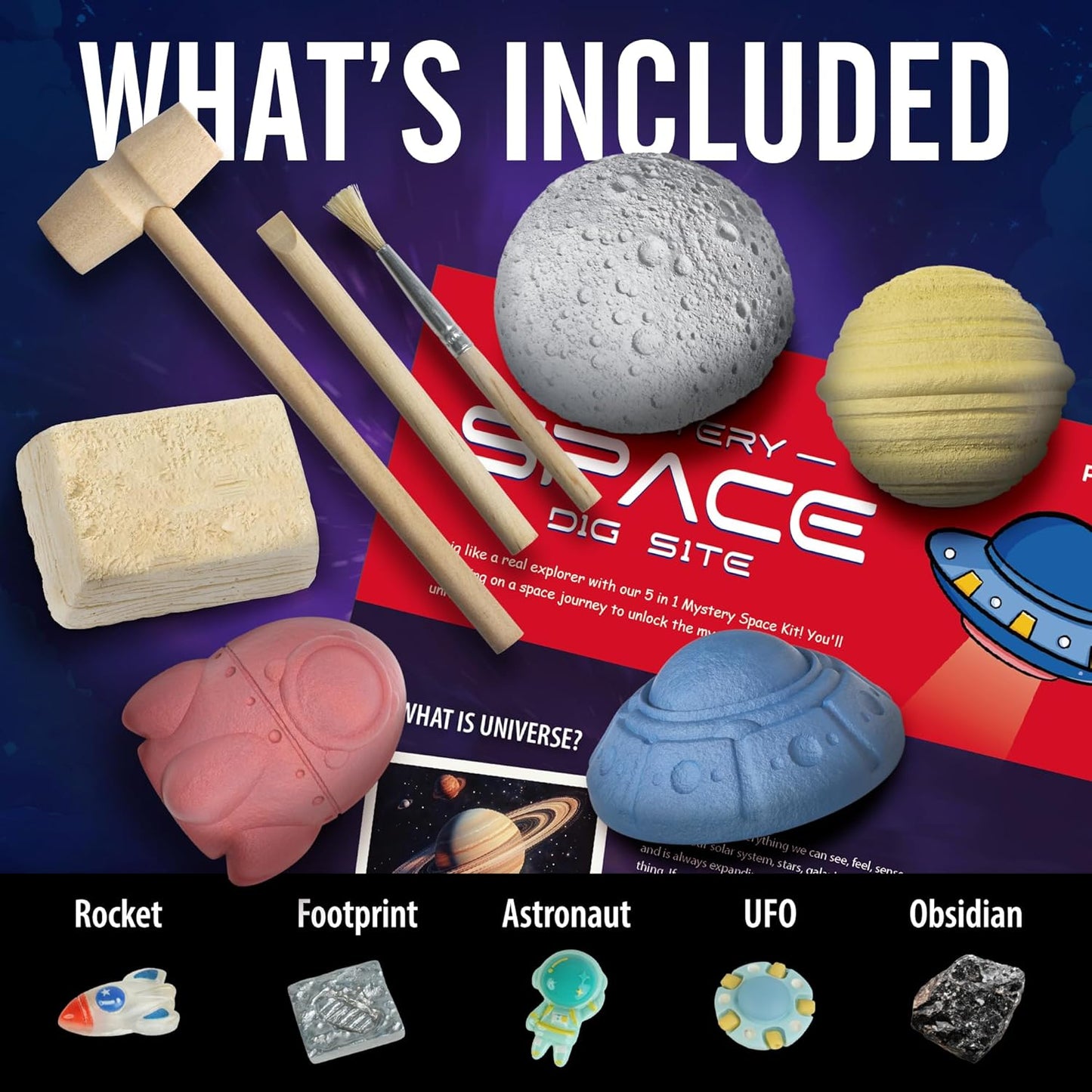 Mystery Space Dig Kit for Kids - 5-in-1 Solar System Excavation Toy with 5 Cosmic Treasures (Obsidian, Astronaut, Rocket, UFO, Footprint) - STEM Science Educational Gift for Boys & Girls