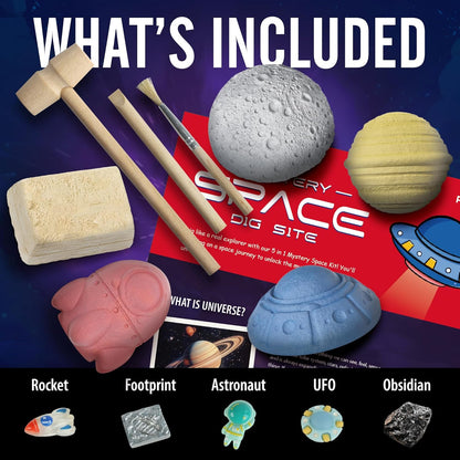 Mystery Space Dig Kit for Kids - 5-in-1 Solar System Excavation Toy with 5 Cosmic Treasures (Obsidian, Astronaut, Rocket, UFO, Footprint) - STEM Science Educational Gift for Boys & Girls