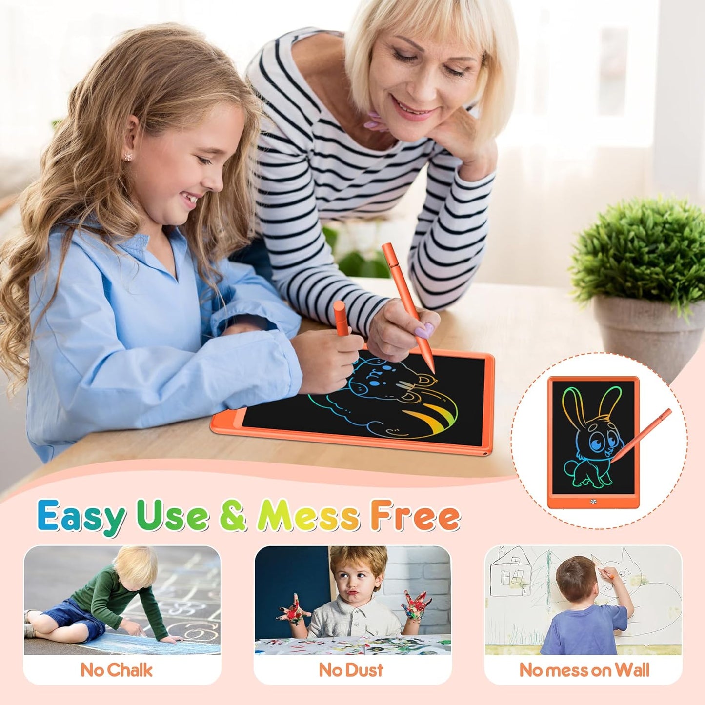 FLUESTON LCD Writing Tablet for Kids, 10 Inch Doodle Board, Colorful Drawing Pad for Toddler, Educational Travel Toy Gifts for 3-8 Year Old Girls Boys, Erase Lock Writing Board