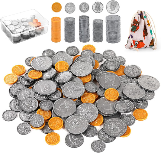 Quiet Flower Learning Pretend Play Coin, Copy Pretend Coins Toys for Kids, Prop Fake Coins and Banking Play Toys Set(200pcs)