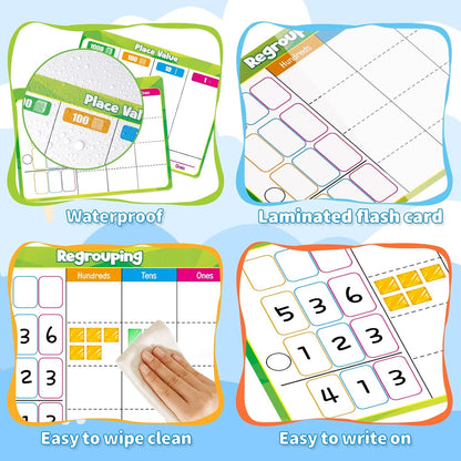 12 Pack Place Value Chart Dry Erase Flash Cards,9" x 12" Base Ten Addition and Subtraction Regrouping Math Manipulatives 1st 2nd 3rd Grade Classroom Must Haves Teacher Homeschool Supplies