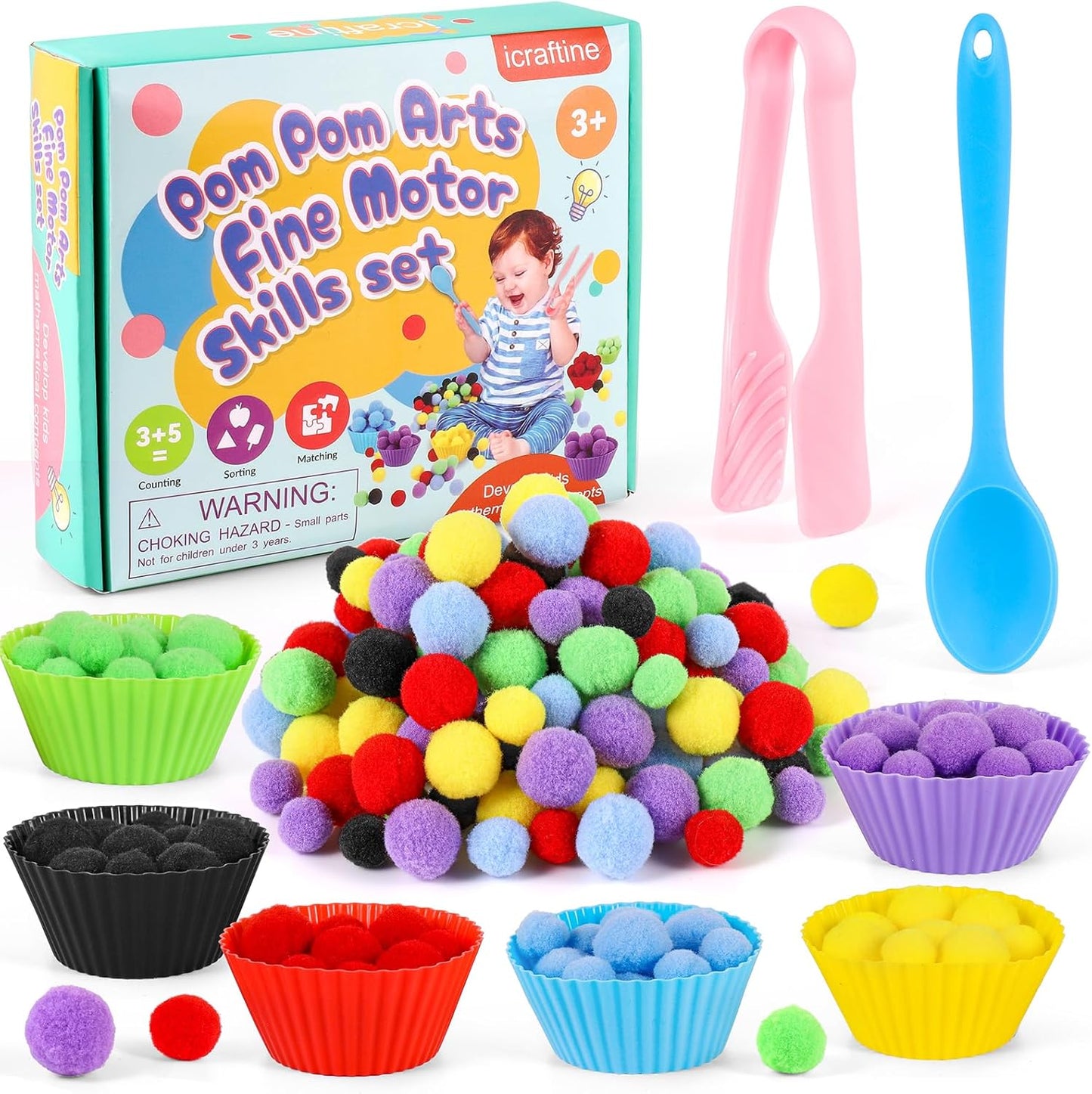 114 PCS Fine Motor Skills Sensory Bin Filler Includes 10 Sorting Bowls, 100 Pom Poms, 2 Tweezers, 2 Scooper Scissors for Kids Early Education, Counting Sorting Training Development