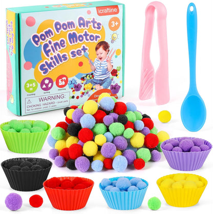 114 PCS Fine Motor Skills Sensory Bin Filler Includes 10 Sorting Bowls, 100 Pom Poms, 2 Tweezers, 2 Scooper Scissors for Kids Early Education, Counting Sorting Training Development