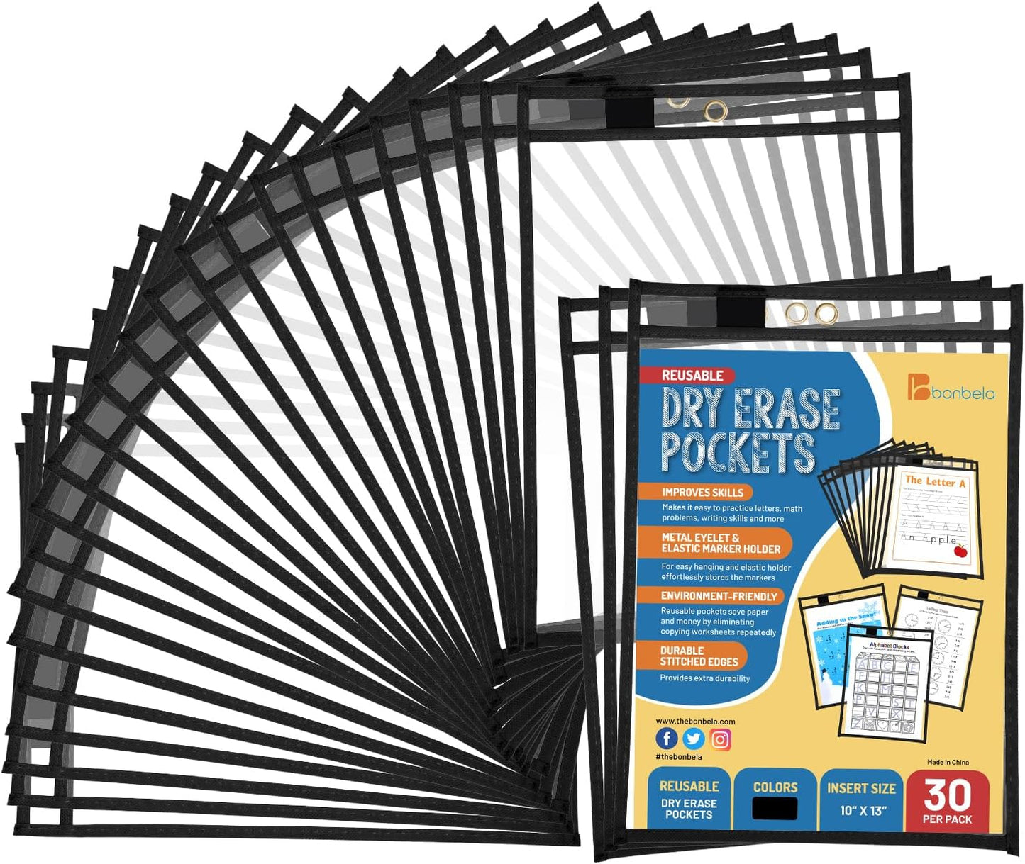 Dry Erase Pockets - 10 x 13 Reusable Dry Erase Pocket Sleeves for Work & School Worksheets - Heavy Duty Clear Pocket Sleeves - Quickly Wipe to a Flawless Clean (50 Pack Multicolor)