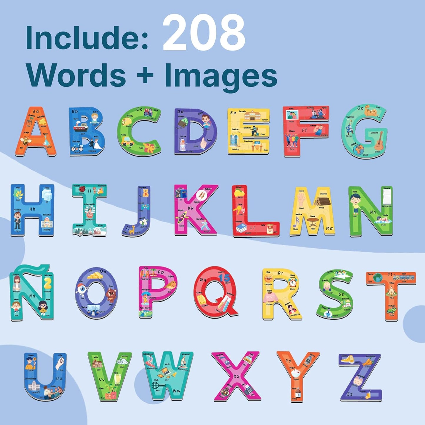 Bilingual Spanish English Alphabet ABC Puzzle Jigsaw for Toddlers, Age 5+, Montessori Preschool Kindergarten ABC Sight Words Letter Puzzle 27 Letters Double-Sided with Gift Box