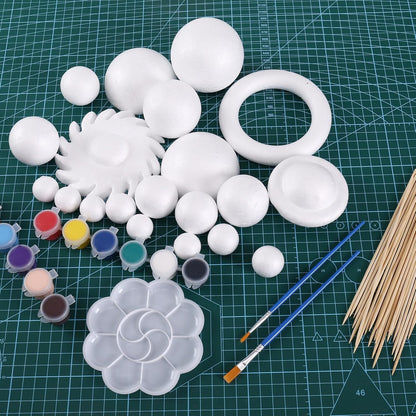 FFchuanhe 72 Pcs Solar System Model Foam Balls Kit Includes Mixed Sizes Craft Foam Bamboo Sticks Color Pigments Paint Tray Palettes Picture Plate Painting Brushes for School Science Projects