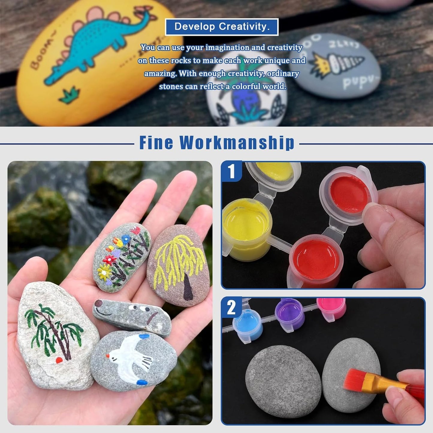 Glarks 34Pcs Rock Painting Kit, Including 15Pcs 2"-3" Flat Painting Stones River Rocks, 12 Colors Non-Toxic Washable Paint, 6Pcs Paint Brushes and 1Pc Palette for DIY Arts and Craft Activities