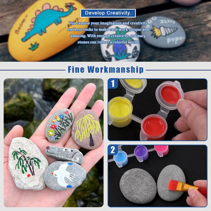 Glarks 34Pcs Rock Painting Kit, Including 15Pcs 2"-3" Flat Painting Stones River Rocks, 12 Colors Non-Toxic Washable Paint, 6Pcs Paint Brushes and 1Pc Palette for DIY Arts and Craft Activities
