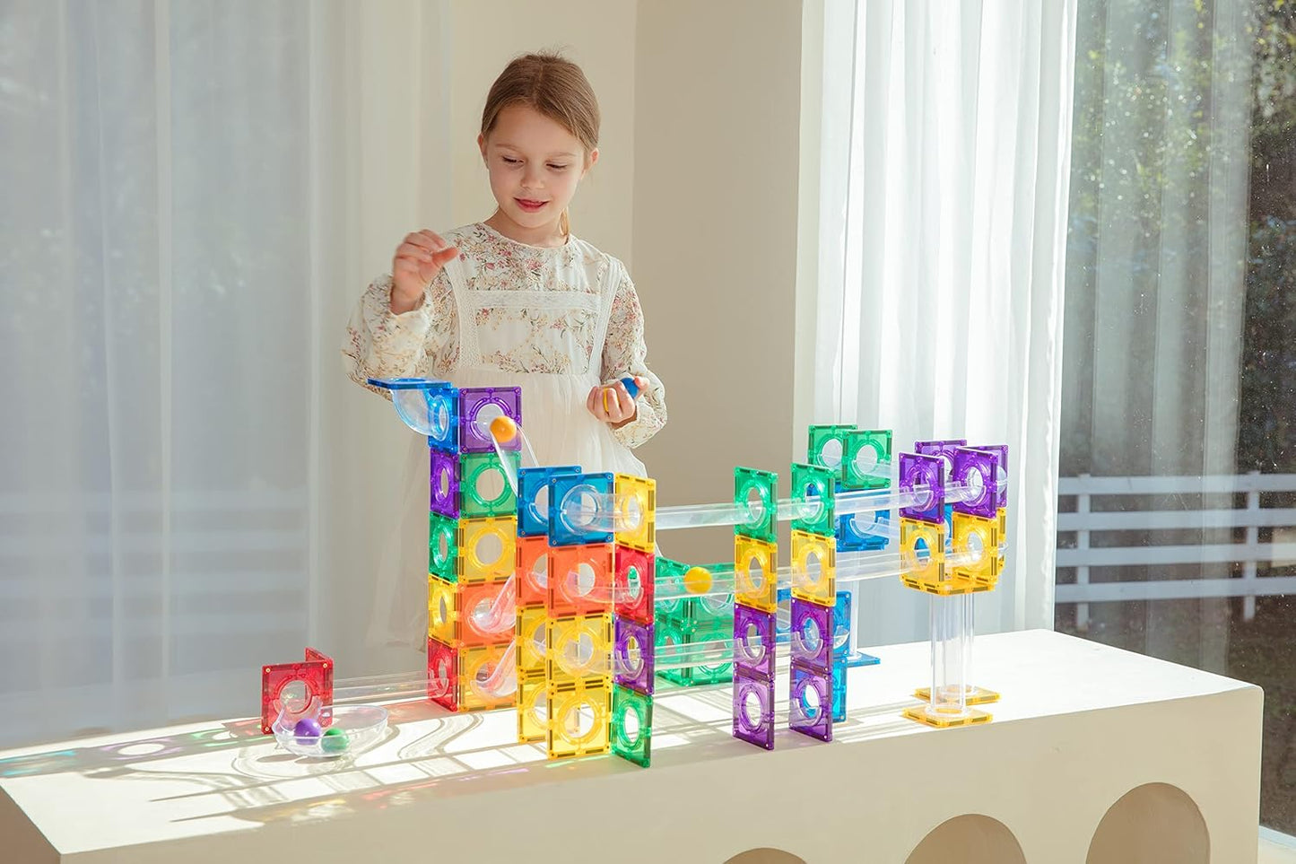 MEGAGONTILES Marble Run Magnetic Tiles Set 120PCS | STEM-Authenticated Magnetic Building Blocks with Marble Track Pieces | Educational Construction Toy for Kids Ages 3–8 (Boys & Girls)