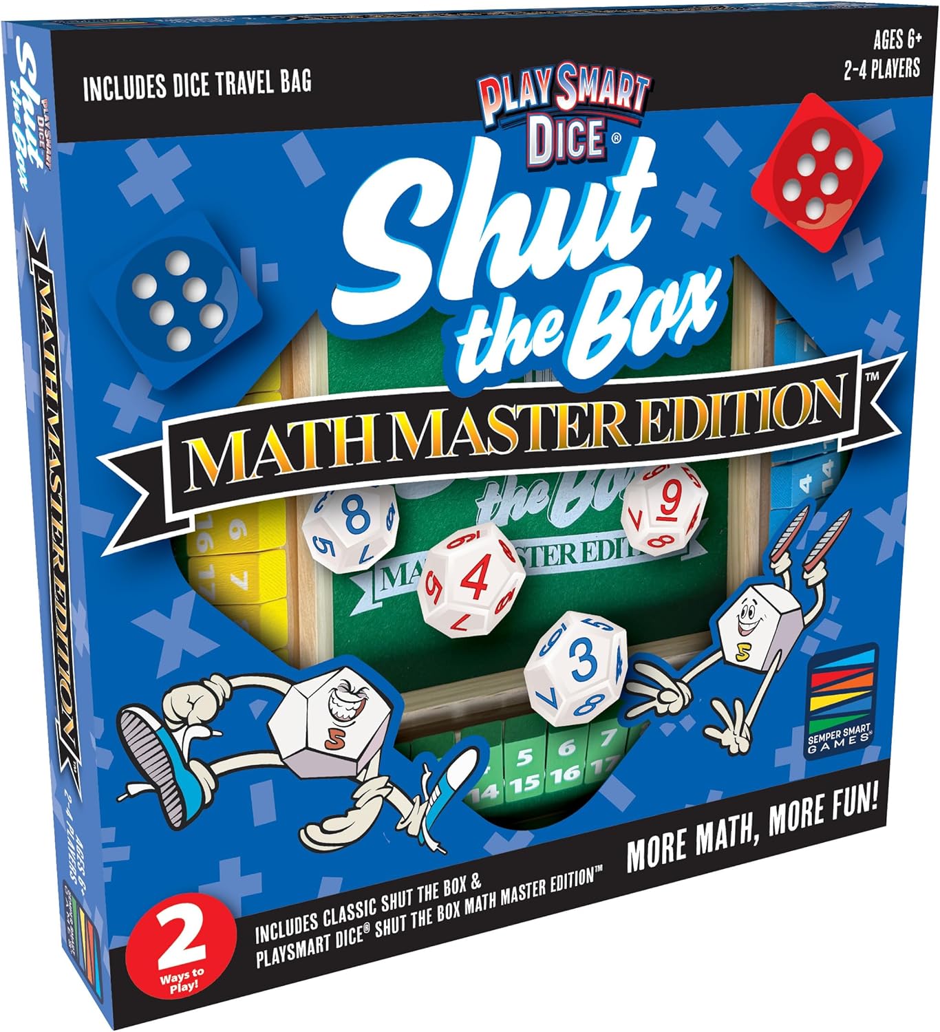 PlaySmart Dice Shut the Box Math Master: Deluxe 1-4 Player Wooden Board with Unique dice, More Numbers, Games, Math, and Fun Ways to Play!