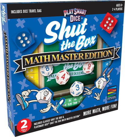 PlaySmart Dice Shut the Box Math Master: Deluxe 1-4 Player Wooden Board with Unique dice, More Numbers, Games, Math, and Fun Ways to Play!
