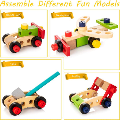 WOOOMAM Kids Tool Set, 90 PCS Wooden Toddler Tool Set with Box and Flash Cards, Tool Kit for Kids Age 3-5 Years, Toddler Boy Toys, FSC Certified Material