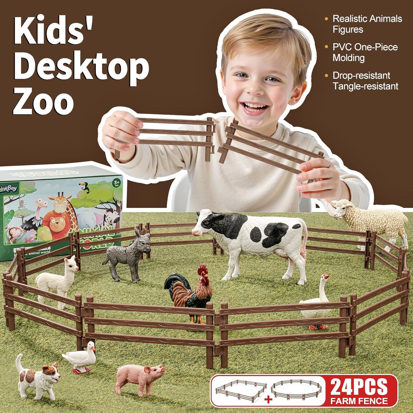 24PCS Farm Ranch Animal Fence Corral Toys for Kids Age 3-5 5-7 4-8 Years Olds Boys Girls, Educational Farm Animal Cake Toppers for Toddlers 3 4 5 6 7 8 9 10