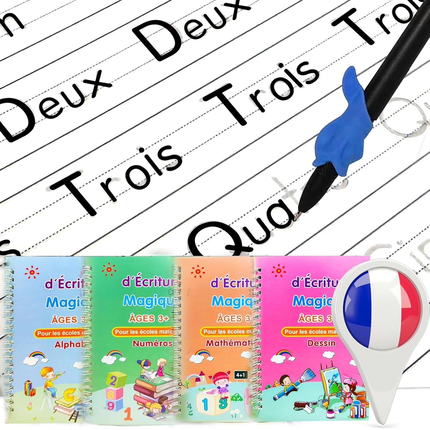 4 Magic Grooved Writing Practice for Kids - English Pre K Tracing Practice Book, Reusable Preschool Handwriting Workbooks Without Tears, 4-Theme Copybooks with Pen Refill for Age 3-10 (English, Small)