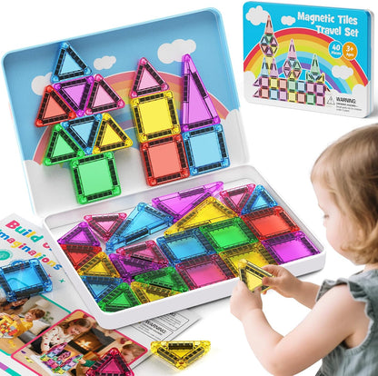 Mini Magnetic Tiles 40PCS Travel Set with Iron Storage Box, Portable STEM Building Blocks for Kids 3-8, Montessori Educational Magnet Toys for Road Trip, Airplane, Car Rides & On-The-Go Play