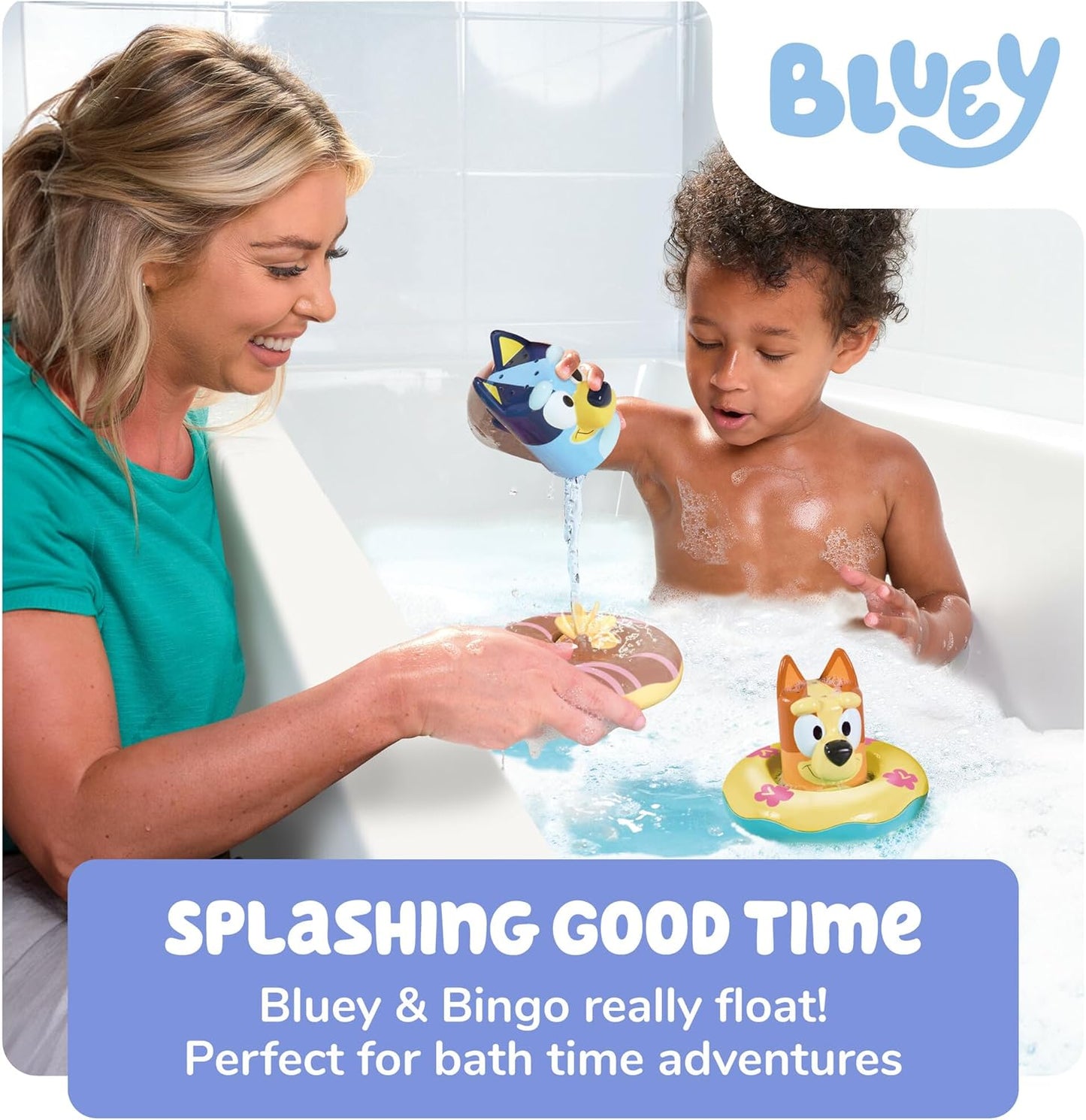 TOMY Toomies Bluey Bath Toys - Bluey's Family Pourers - Includes Chilli, Bandit, Bingo and Bluey Figures - Nesting and Stacking Cups for Bath, Beach or Pool - 4 Count - Ages 18 Months and Up