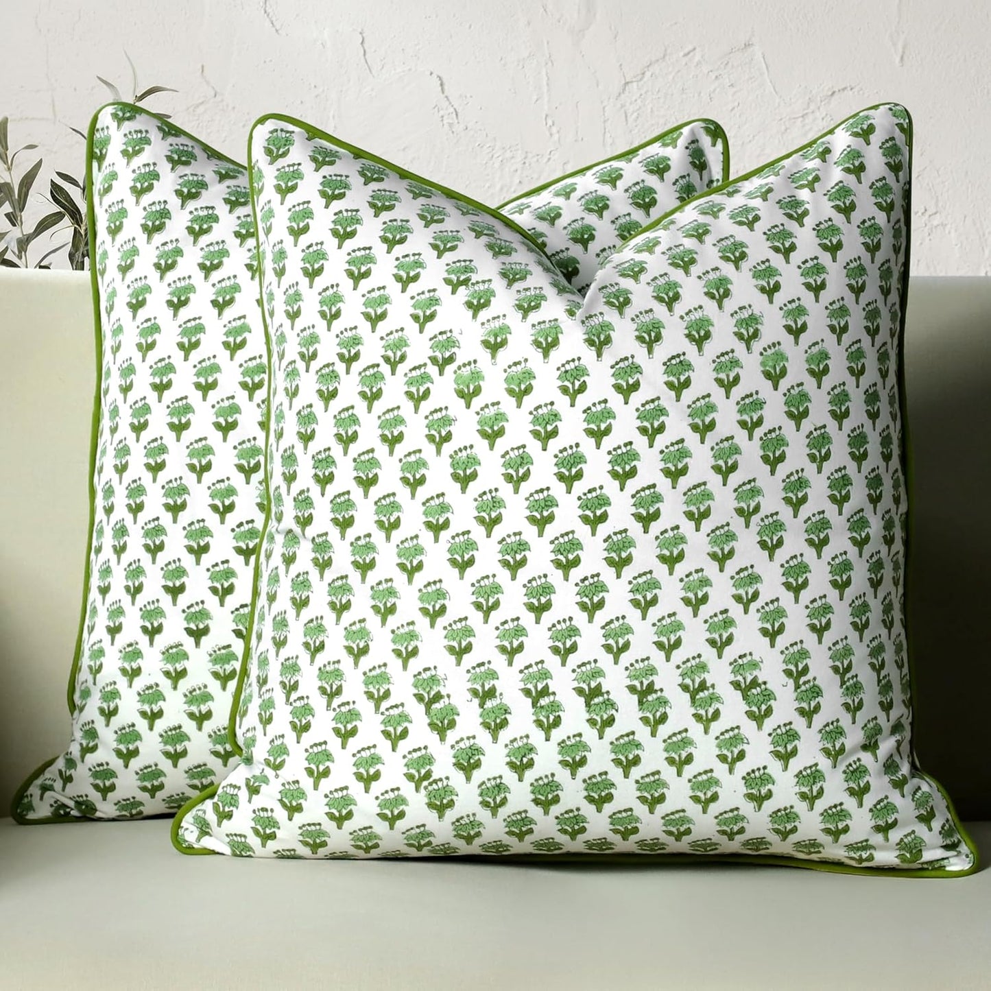 CPC 100% Cotton Throw Pillow Covers 18x18 Inch, Set of 2 Green Block Print Pattern Couch Pillow, Cute Boho Decorative Pillows for Living Room, Bedroom with Hidden Zipper- Agate Green