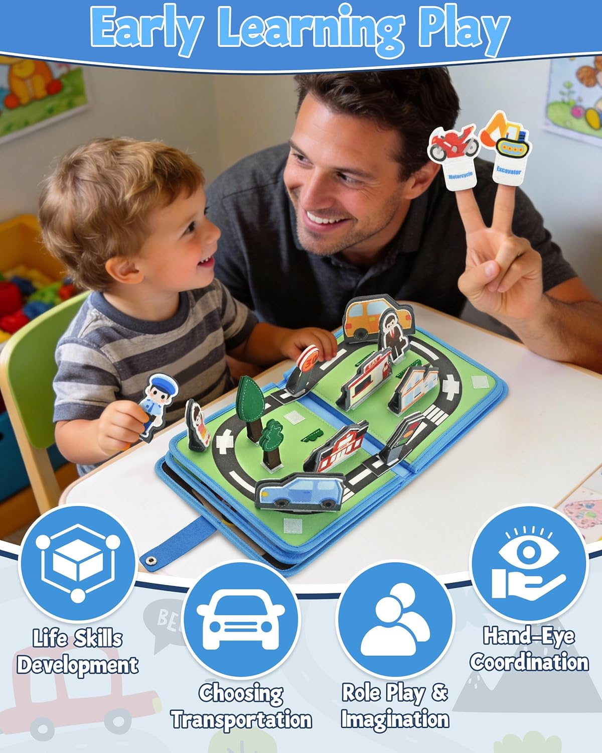 Meafeng Vehicles Educational Book for Toddlers 1–3, Montessori Quiet Activity & Learning Book with Cars, Trucks & Firefighters, Educational Toy for Early Learning, Travel Toy for Car & Airplane Trips