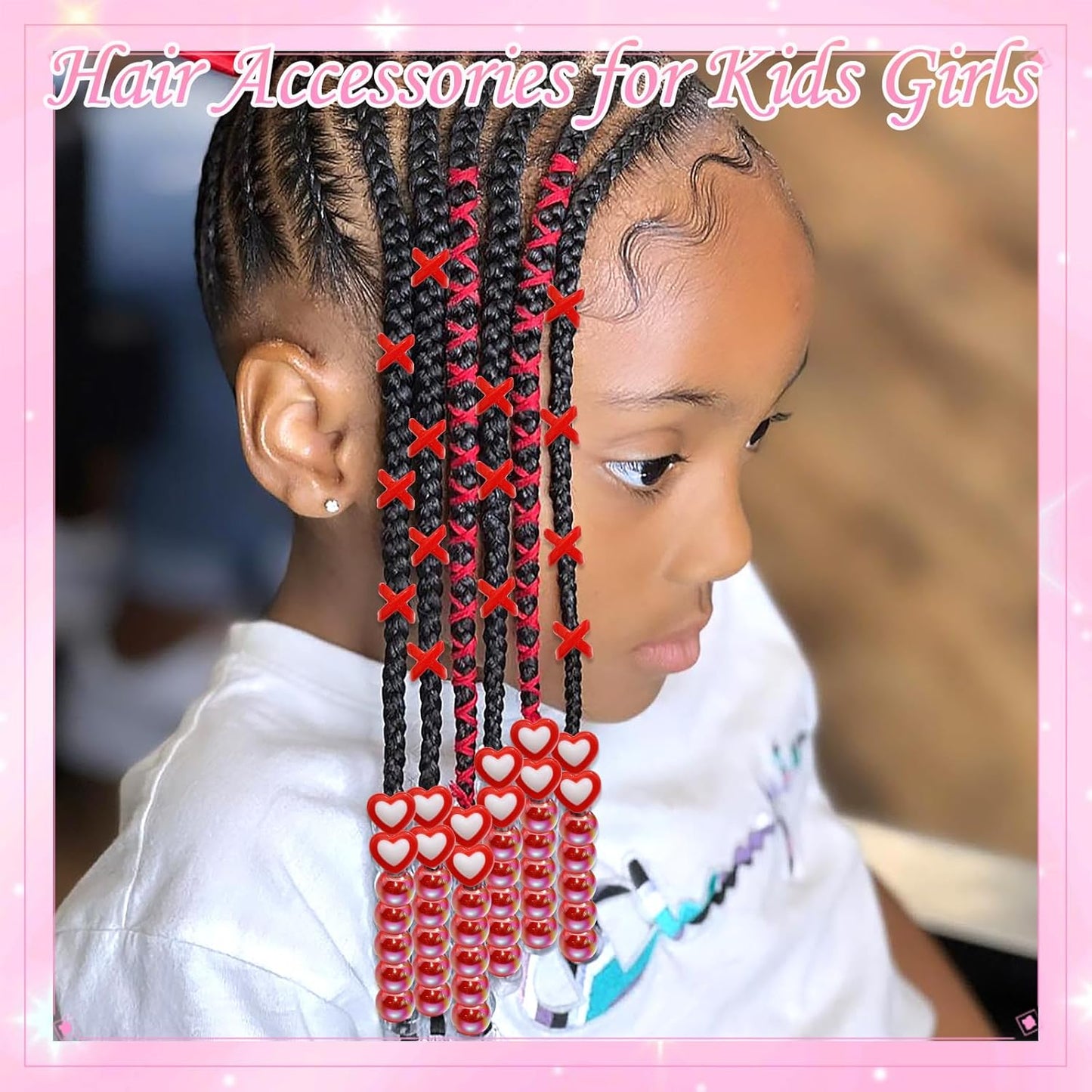 60PCS Pink White Hair Beads for Braids Three Styles Cute Loc Beads Heart Shape Bead for Kids Dreadlock AB Color Round Pony Bead Accessories
