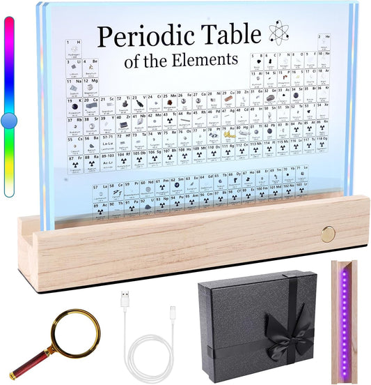 Rafecs Periodic Table with Real Elements Inside, Large Acrylic Periodic Table of Elements with 83 Real Samples and 7 Colorful LED Lights, Chemistry Gifts for Students, Kids, Teacher and Science Lovers