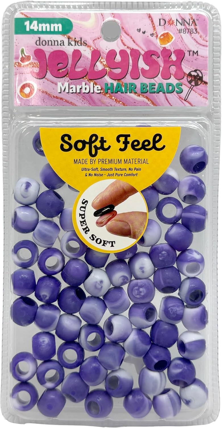 Donna Kids Jellyish Marble Hair Beads – 14mm Soft Silicone Bead with Threading Tool – Pain-Free, Noiseless Beads for Braids & Ponytails – Tangle-Free Design (Lavender)